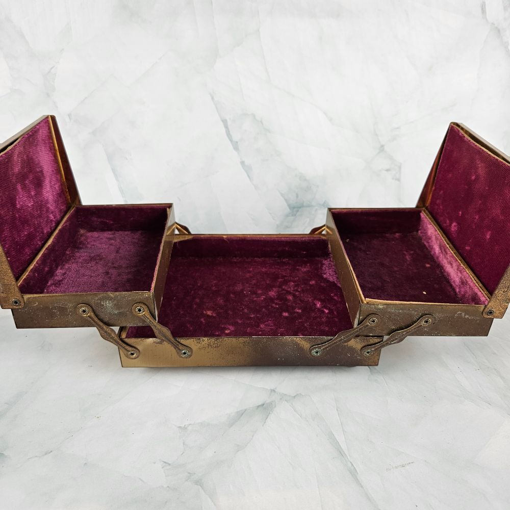 Vintage metal trinket jewelry box velvet lined pearl inlay art deco‎ accordion - Picture 10 of 11